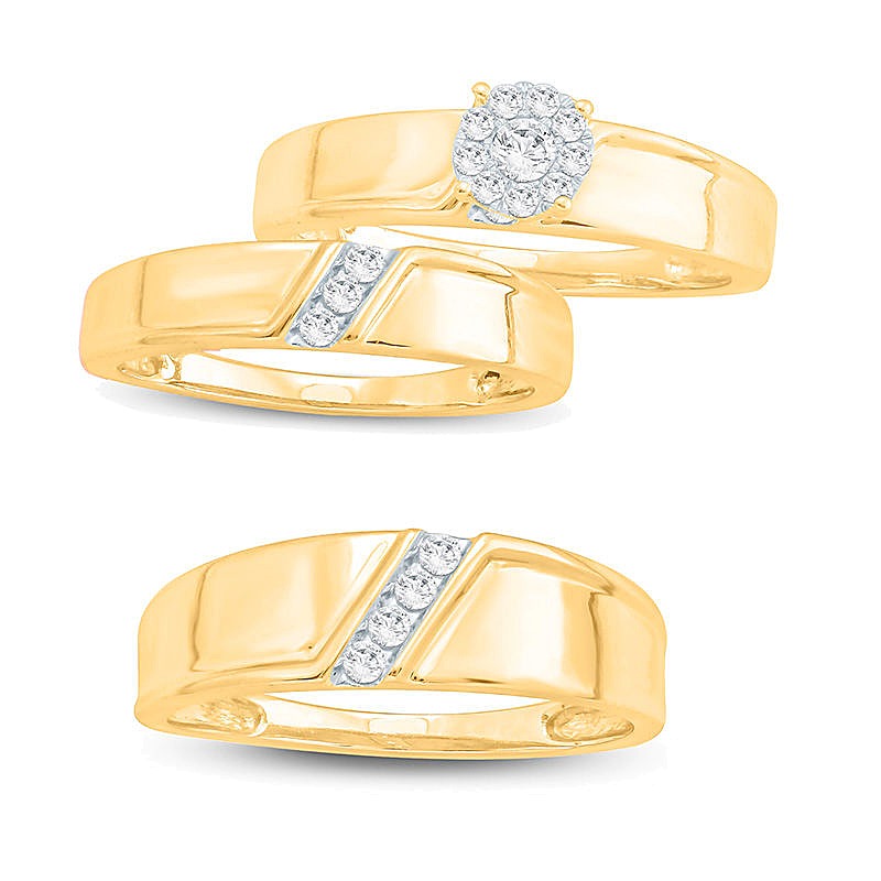 Ehering mit vier runden Diamanten diagonal, 0.1 ct. Gesamtgewicht, in 10K Gelbgold