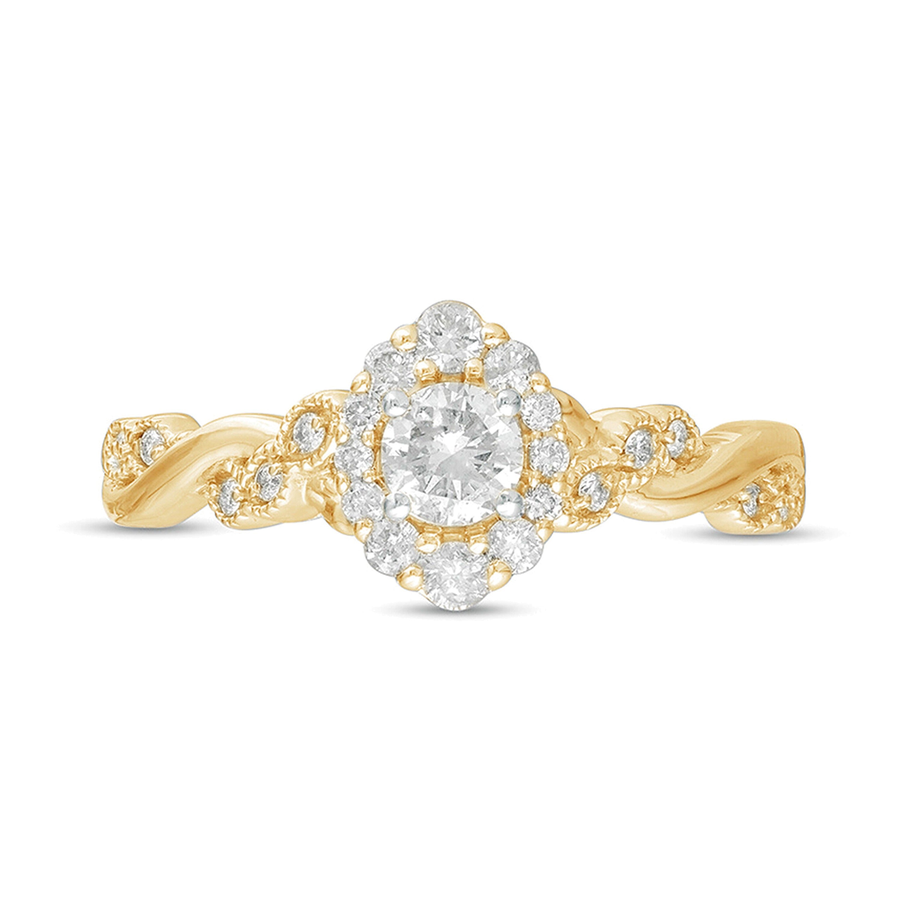 0.5 ct. Gesamtgewicht Diamant Verlobungsring im Vintage-Stil mit gedrehter Ringschiene und Halo aus 10K Gelbgold