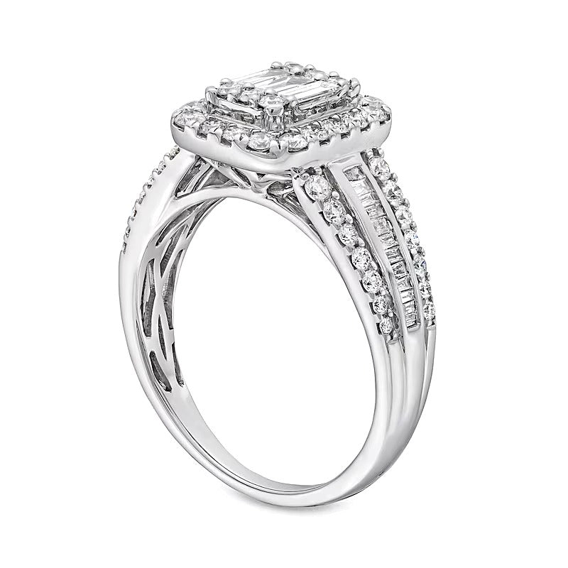 Verlobungsring mit mehreren Diamanten im Baguette-, Rund- und Smaragdschliff 1.0 ct. Gesamtgewicht in 14K Weißgold