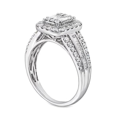 Verlobungsring mit mehreren Diamanten im Baguette-, Rund- und Smaragdschliff 1.0 ct. Gesamtgewicht in 14K Weißgold
