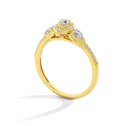 0,38 ct. Gesamtgewicht tropfenförmiger Labordiamant Dreistein Freundschaftsring in 10K Gelbgold (F/SI2)