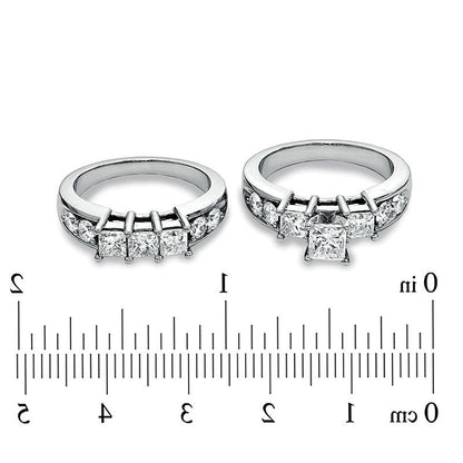 3.0 ct. Gesamtgewicht Dreistein-Brautset mit Diamanten im Princess- und Rundschliff in 14K Weißgold