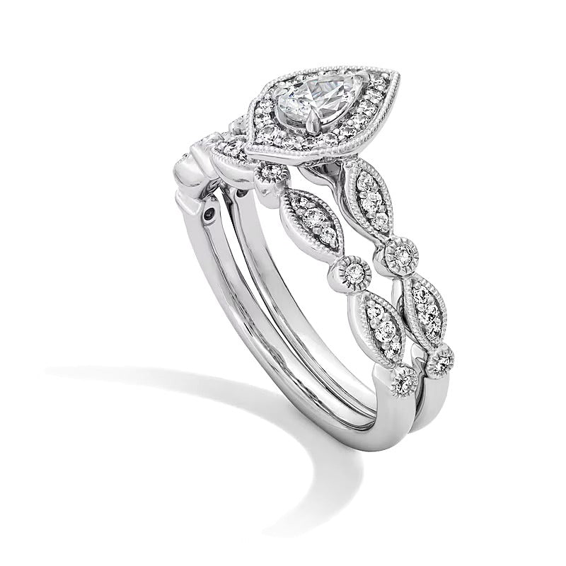 0.63 ct. Gesamtgewicht Brautset mit tropfenförmigen Diamanten im Art-Déco-Vintage-Stil in 14K Weißgold