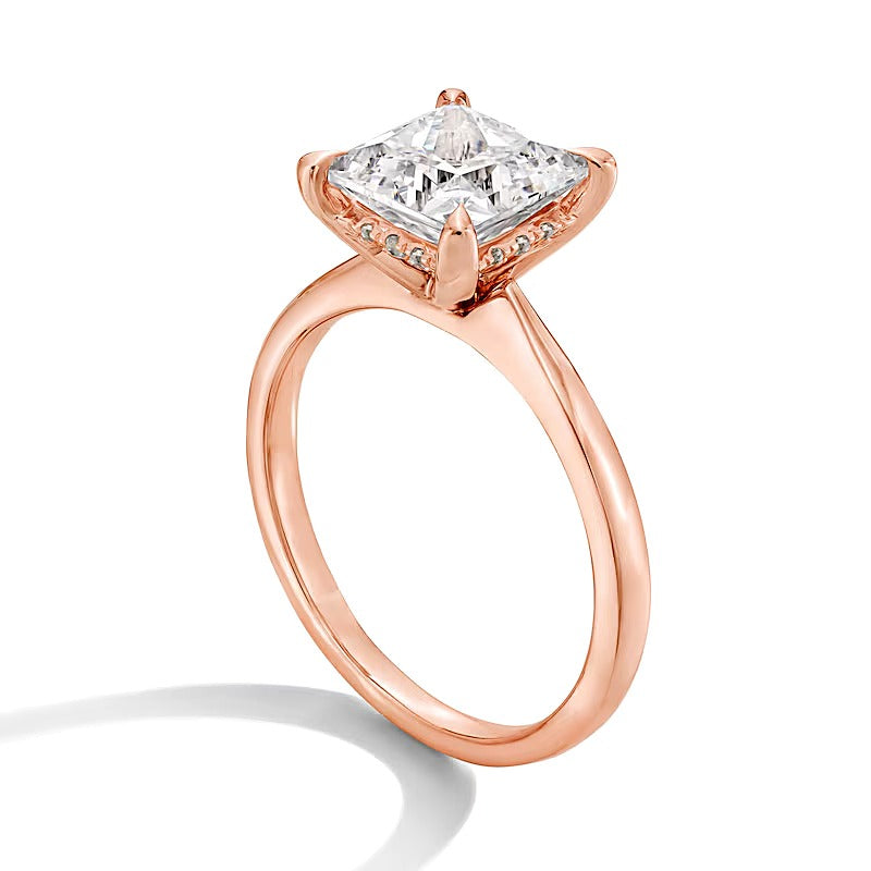 2.5 CT. Gesamtgewicht Solitär-Verlobungsring mit Labordiamant im Princess-Schliff und Hidden Halo in 14K Roségold (F/VS2)