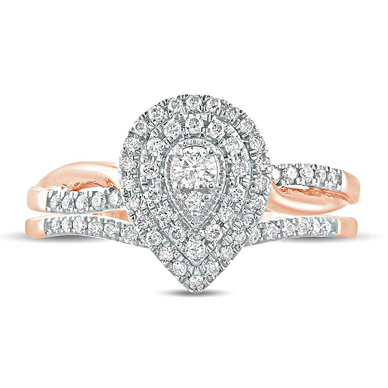 Braut-Set mit Komposit-Diamanten in tropfenförmiger Anordnung, 0.38 ct. Gesamtgewicht, aus 10K Roségold