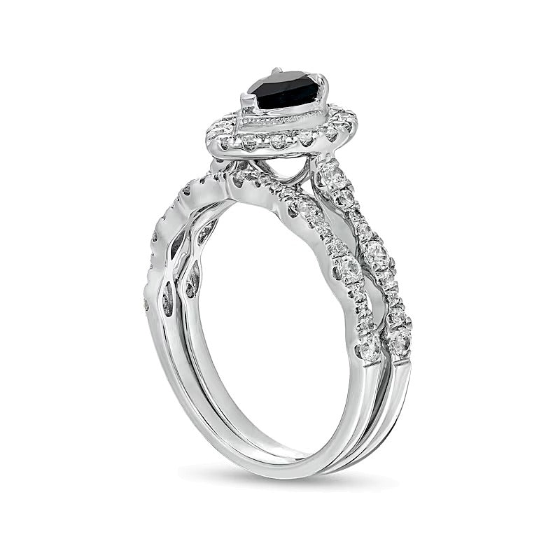 Braut-Set mit tropfenförmigem schwarzem Saphir und 0,75 ct. Gesamtgewicht Diamanten im Vintage-Stil in 10K Weißgold