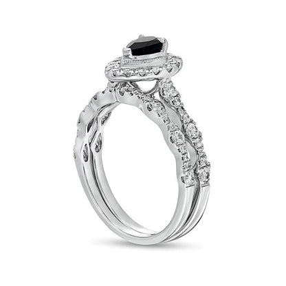 Braut-Set mit tropfenförmigem schwarzem Saphir und 0,75 ct. Gesamtgewicht Diamanten im Vintage-Stil in 10K Weißgold