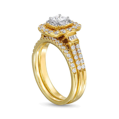 1.0 CT. Gesamtgewicht Braut-Set mit Diamanten im Princess-, Rund- und Kissenschliff in 10K Gelbgold