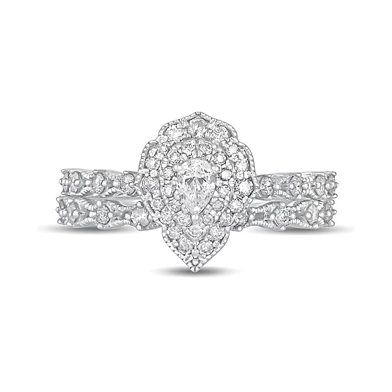 0,63 ct. Gesamtgewicht Brautset mit tropfenförmigem Diamant im Vintage-Stil mit doppeltem Rahmen in 10K Weißgold