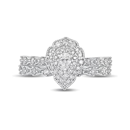 0,63 ct. Gesamtgewicht Brautset mit tropfenförmigem Diamant im Vintage-Stil mit doppeltem Rahmen in 10K Weißgold