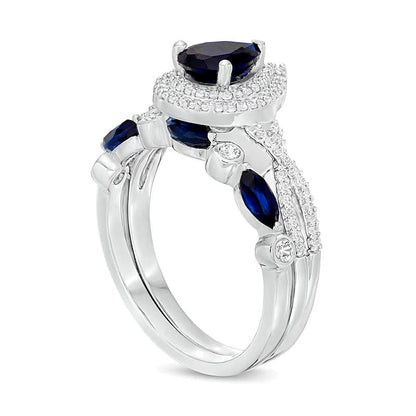 Braut-Set mit tropfenförmigem blauen Saphir und Saphir im Marquise-Schliff (im Labor gezüchtet) in rhodiniertem Sterlingsilber