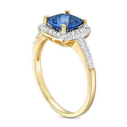 Fashion-Ring für Damen mit blauem Saphir im Kissenschliff (7,0 mm) und Diamanten im Halo aus 10K Gelbgold, 0,2 ct. Gesamtgewicht