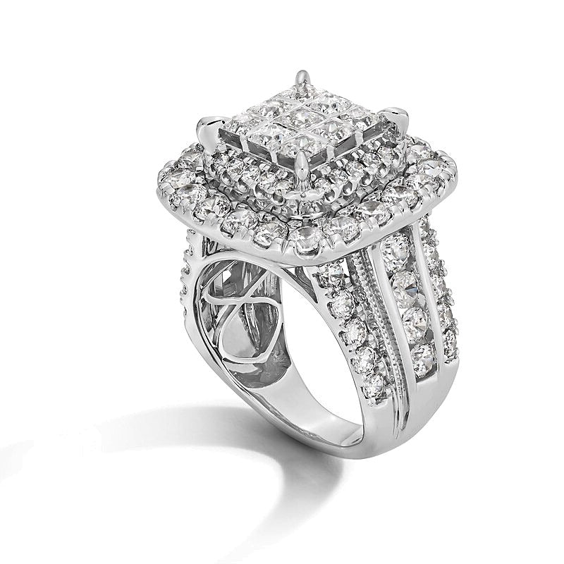5.0 ct. Gesamtgewicht Verlobungsring mit weißen Diamanten im Princess-, Rund- und Kissenschliff, mehrreihig, in 14K Weißgold