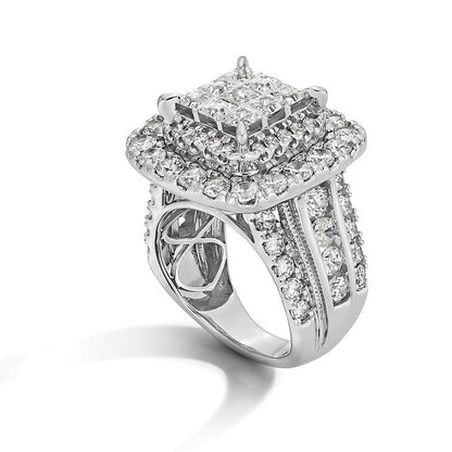 5.0 ct. Gesamtgewicht Verlobungsring mit weißen Diamanten im Princess-, Rund- und Kissenschliff, mehrreihig, in 14K Weißgold