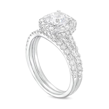 1,88 ct. Gesamtgewicht Labordiamant Braut-Set mit Kissenschliff-Halo und geteiltem Ringschienen-Design in 14K Weißgold (I/SI2)