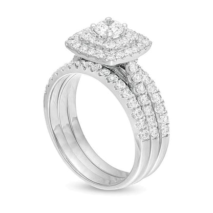Diamant-Brautset mit doppeltem Kissenschliff-Rahmen, dreiteilig, 1,5 ct. Gesamtgewicht, in 10K Weißgold