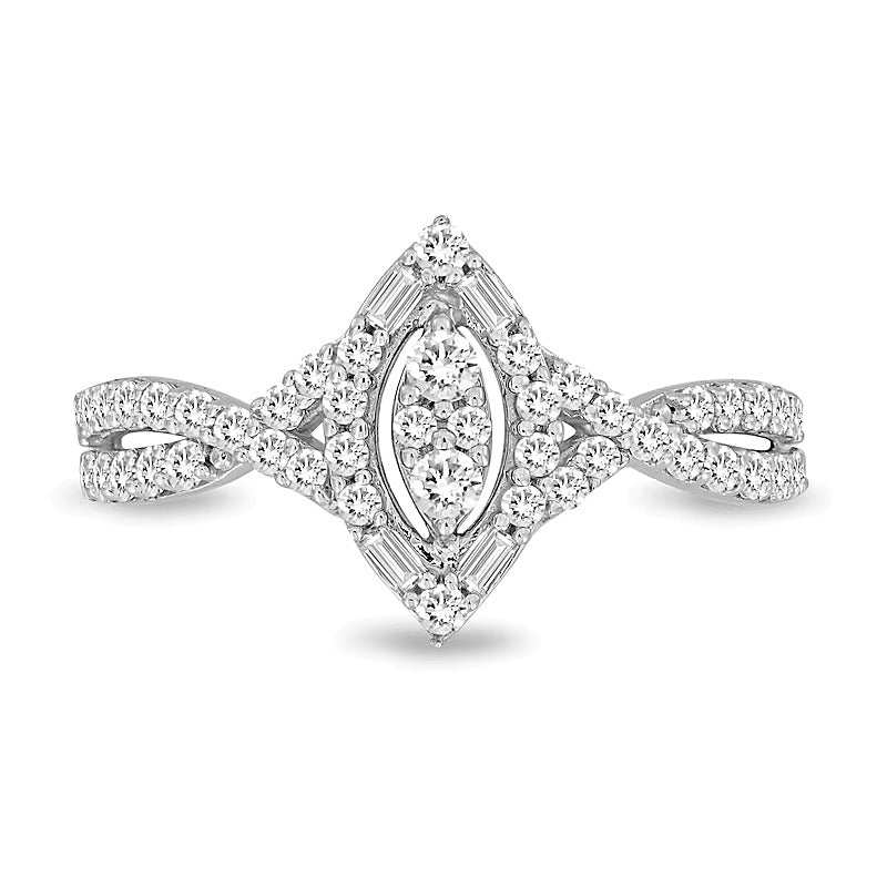 0.5 ct. Gesamtgewicht Multi-Diamant Ring mit Marquise-Rahmen und gedrehtem Ringkopf in 10K Weißgold