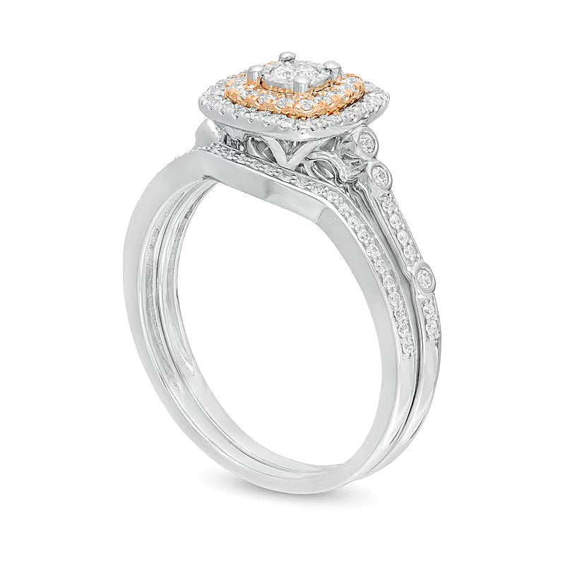 Braut-Set mit Komposit-Diamanten im Kissenschliff-Doppelrahmen 0,38 ct. Gesamtgewicht in 10K Bicolor-Gold