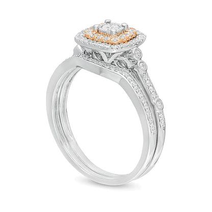 Braut-Set mit Komposit-Diamanten im Kissenschliff-Doppelrahmen 0,38 ct. Gesamtgewicht in 10K Bicolor-Gold