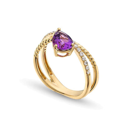 Fashion-Ring mit tropfenförmigem Amethyst und 0,2 ct. Gesamtgewicht Diamanten in 10K Gelbgold