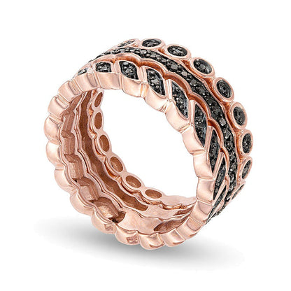 0,25 ct. Gesamtgewicht schwarzer Diamant Stackable Ring-Set aus Sterlingsilber mit 14K Roségold-Auflage