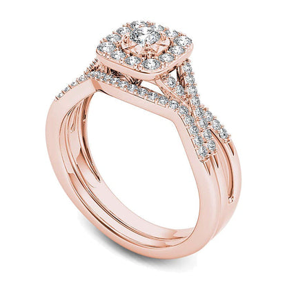 0.38 ct. Gesamtgewicht Diamant Braut-Set mit Kissenschliff-Rahmen und Twist-Schiene in 14K Roségold