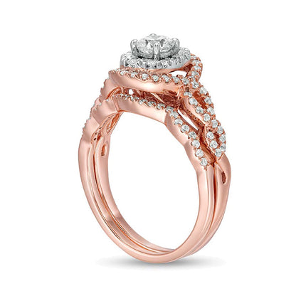 Brautset mit Diamanten in rundem und ovalem Schliff, doppelter ovaler Rahmen mit gedrehter Ringschiene, 10K Roségold, 1.0 ct. Gesamtgewicht, für Damen