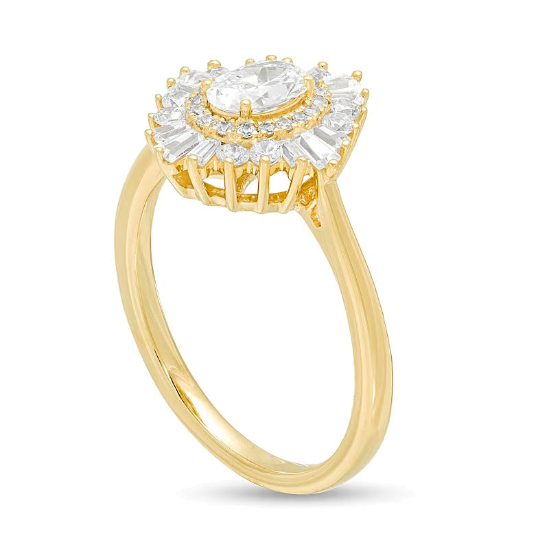 Verlobungsring mit ovalem Diamant und Halo, 1.0 ct. Gesamtgewicht, in 14K Gelbgold