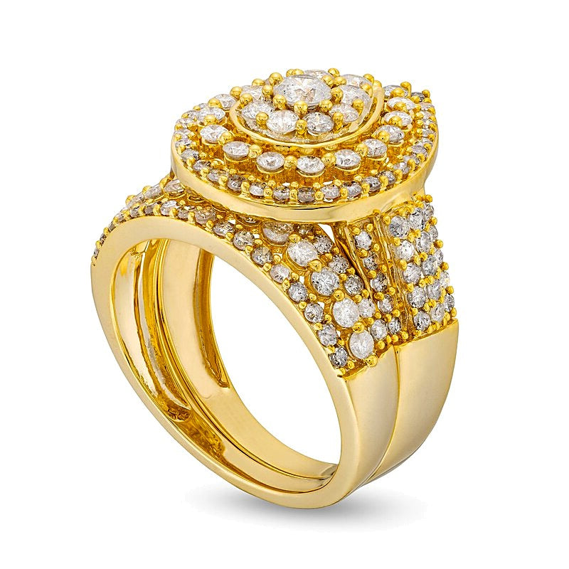 2.0 ct. Gesamtgewicht Brautset mit weißen Diamanten im Tropfen-Schliff und Tropfen-Rahmen, mehrreihig, in 10K Gelbgold