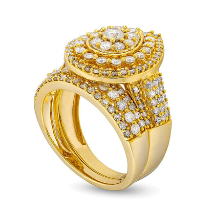 2.0 ct. Gesamtgewicht Brautset mit weißen Diamanten im Tropfen-Schliff und Tropfen-Rahmen, mehrreihig, in 10K Gelbgold