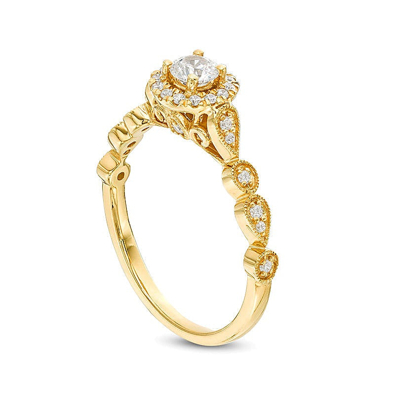 0.38 ct. Gesamtgewicht Diamant Halo Verlobungsring im Vintage-Stil in 14K Gelbgold