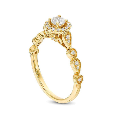 0.38 ct. Gesamtgewicht Diamant Halo Verlobungsring im Vintage-Stil in 14K Gelbgold