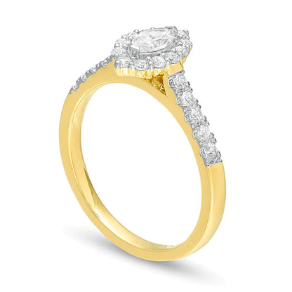 0,63 ct. Gesamtgewicht Verlobungsring mit Diamanten im Marquise- und Rundschliff, Halo, in 14K Gelbgold