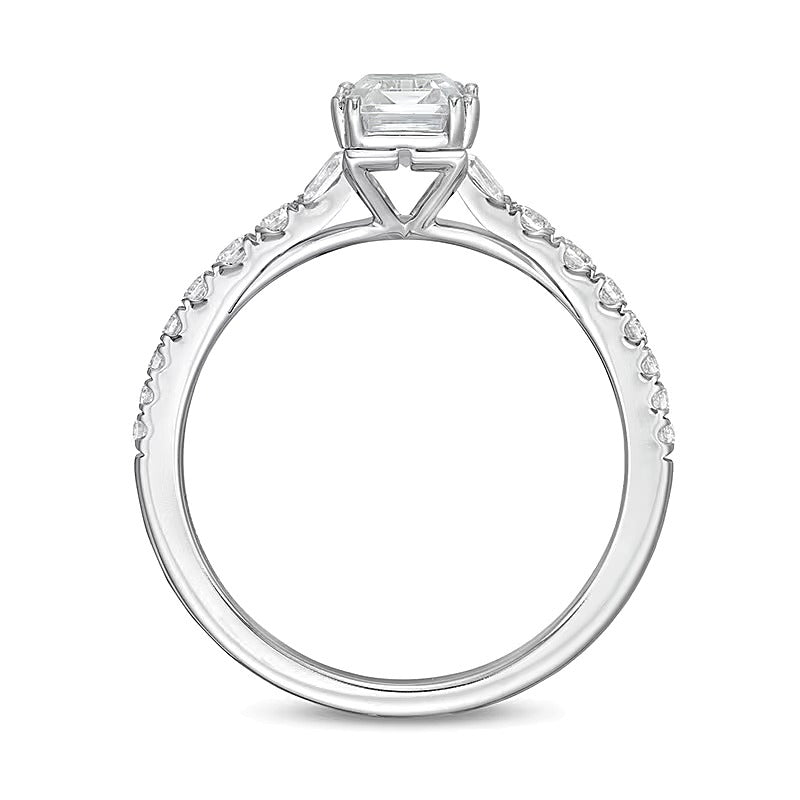 Solitär mit seitlichem Besatz mit Diamant und Smaragd im Smaragdschliff und Baguette 1.33 ct. Gesamtgewicht für Damen aus 14K Weißgold