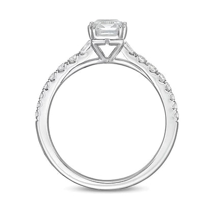 Solitär mit seitlichem Besatz mit Diamant und Smaragd im Smaragdschliff und Baguette 1.33 ct. Gesamtgewicht für Damen aus 14K Weißgold