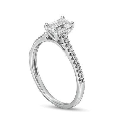 Freundschaftsring mit weißem, im Labor gezüchtetem Saphir im Smaragdschliff und 0,1 ct. Gesamtgewicht Diamanten in 10K Weißgold