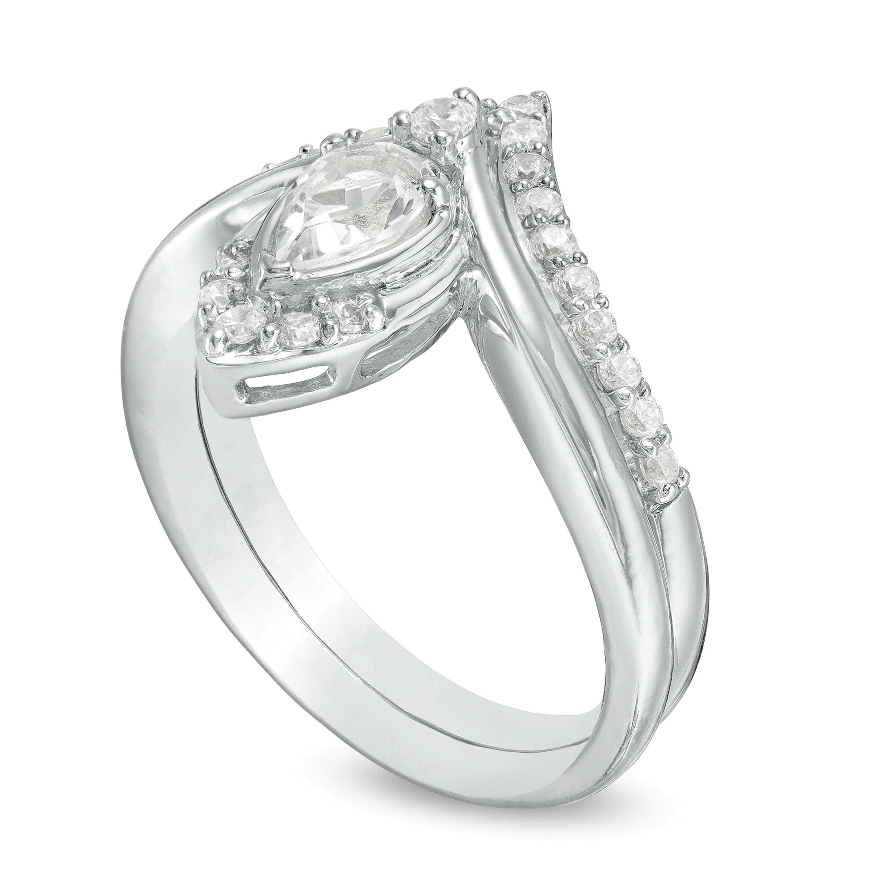 Braut-Set mit tropfenförmigem synthetischem weißem Saphir und 0,33 ct. Gesamtgewicht Diamanten in 10K Weißgold