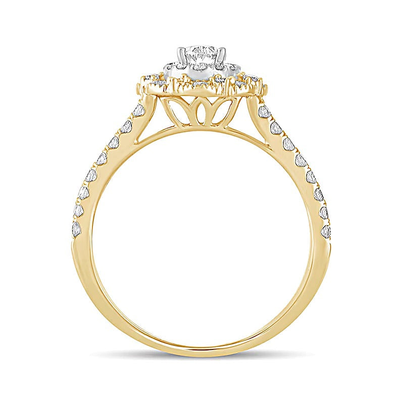 1.0 CT. Gesamtgewicht Verlobungsring im Vintage-Stil mit ovalem Diamant und doppeltem Halo aus 14K Gelbgold