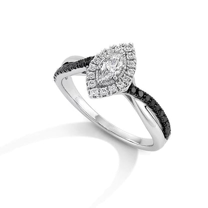 0.5 ct. Gesamtgewicht Verlobungsring mit Diamanten im Marquise- und Rundschliff in Halo-Fassung aus 14K Weißgold