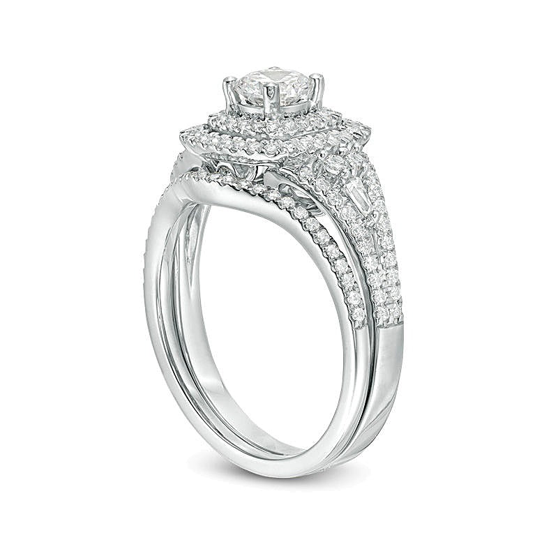 1.2 ct. Gesamtgewicht Diamant Brautset mit doppeltem Kissenschliff-Rahmen in 14K Weißgold