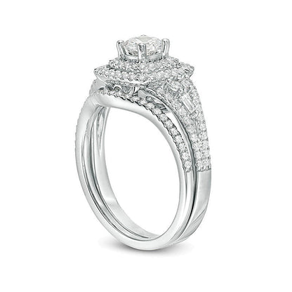 1.2 ct. Gesamtgewicht Diamant Brautset mit doppeltem Kissenschliff-Rahmen in 14K Weißgold