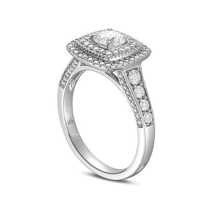 1.25 CT. Gesamtgewicht Diamant Verlobungsring im Kissenschliff mit doppeltem Halo und Krappenfassung in 14K Weißgold (I/I1)