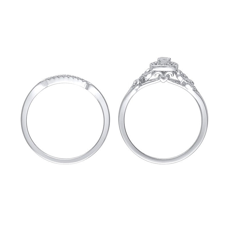 0.25 ct. Gesamtgewicht Diamant Braut-Set im Vintage-Stil mit Kissenschliff-Rahmen und Herz-Seiten aus rhodiniertem Sterlingsilber