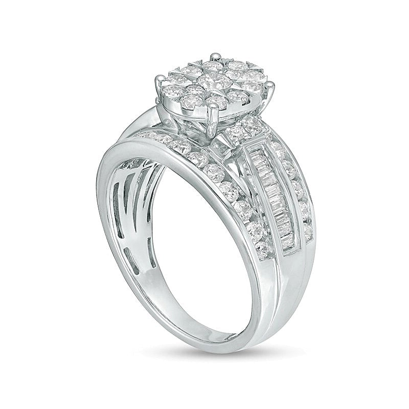 Verlobungsring 1.5 ct. Gesamtgewicht mit Komposit-Diamanten in oval und Baguette, mehrreihig, in 10K Weißgold