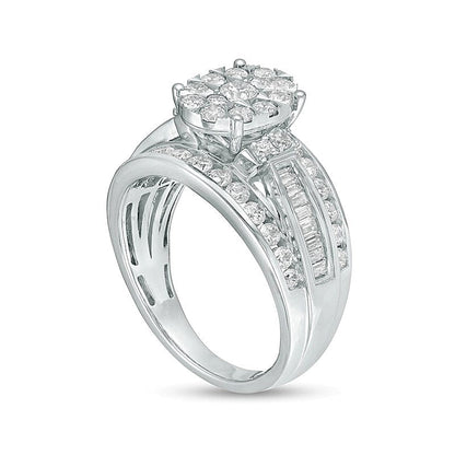 Verlobungsring 1.5 ct. Gesamtgewicht mit Komposit-Diamanten in oval und Baguette, mehrreihig, in 10K Weißgold