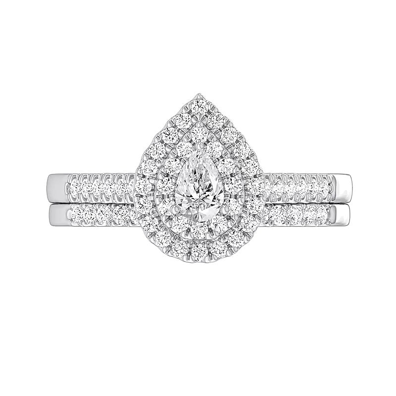 0.5 CT. Gesamtgewicht Braut-Set mit tropfenförmigem Diamant und doppeltem Rahmen aus rhodiniertem Sterlingsilber