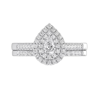 0.5 CT. Gesamtgewicht Braut-Set mit tropfenförmigem Diamant und doppeltem Rahmen aus rhodiniertem Sterlingsilber