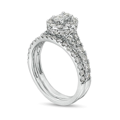 1,5 ct. Gesamtgewicht Brautset mit ovalem Diamant, Halo und geteilter Schiene in 10K Weißgold