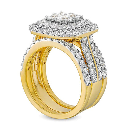 3.0 ct. Gesamtgewicht Multi-Diamant Komposit Halo Dreiteiliges Brautset in 14K Gelbgold