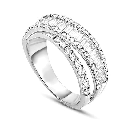 1.2 ct. Gesamtgewicht mehrreihiger Ring mit Baguette- und runden Diamanten in 14K Weißgold